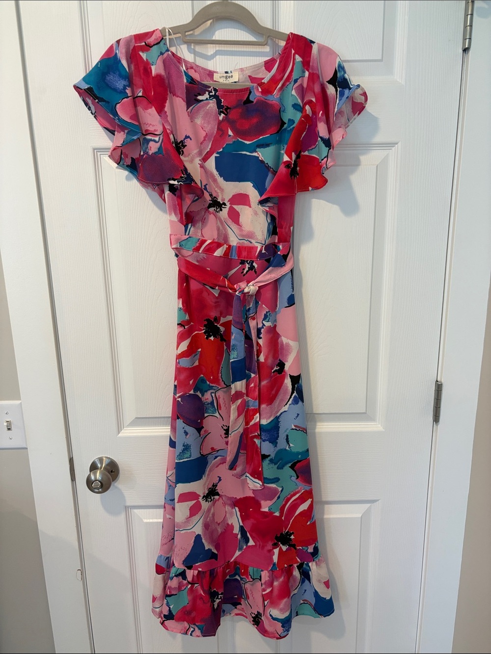 Watercolor Floral Ruffle Arm Maxi Dress in Pink and Blue Boutique Garden Party